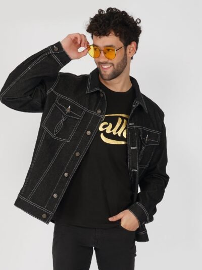 Men's Black Contrast Stitch Denim Cotton Biker Jacket For Men