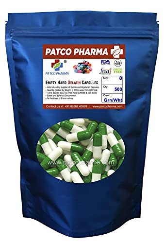 Patco Pharma - Size 0 Green/White Empty Gelatin Pill Capsule (Pack of 500)